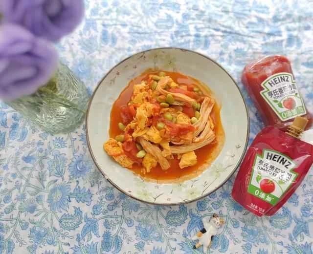 Recipe for stir-fried tomatoes, eggs, dried tofu, and edamame