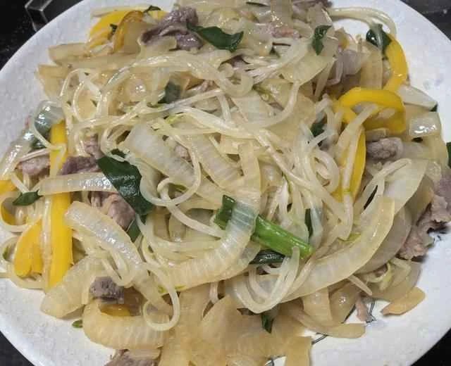 Home-style dish: Stir-fried pork with onions, bean sprouts, and bell peppers